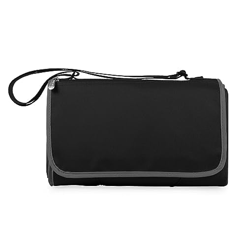 PICNIC TIME Outdoor Picnic Blanket Tote, 59"x51" Foldable Beach & Camping Blanket with Soft Fleece, Water-Resistant Bottom, Adjustable Strap & Zippered Pocket (Black with Black Exterior) - color: Black