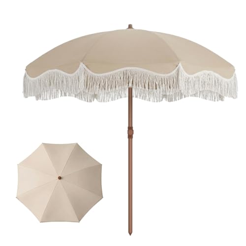 7ft Patio Umbrella with Fringe, Boho Beach Umbrellas, Outdoor Tassels Umbrellas with Push Button Tilt & Carrying Bag, 8 Windproof Fiberglass Ribs, UPF50+ - color: Beige