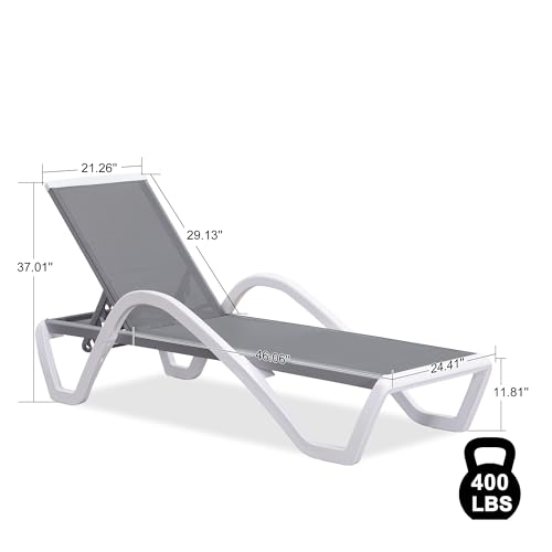 PURPLE LEAF Patio Chaise Lounge Chair Outdoor Plastic Textilene Sun Bathing Recliner Tanning Pool Lounger with 6 Adjustable Position for Outside Beach in-Pool Lawn Poolside, Grey - color: Grey, style: 1 chair(w/Arms)