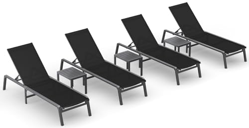 Ciokea Aluminum Foldable Lounge Chairs Set of 4 with 3 Outdoor Aluminum Side Table, Perfect Match, Suitable for Courtyard, Balcony, Lawn and Other Scenes, Black - color: Black, size: 4 Chairs + 3 Side Tables (7pcs)