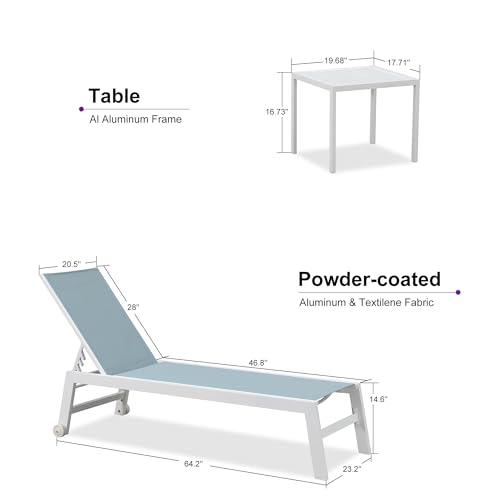 PURPLE LEAF Lounge Chair Outdoor Set of 2 White Aluminum Lounge Chair with Wheels and Table Outdoor Chaise Lounges for Patio Pool Yard, Steel Blue - color: Steel Blue, style: Standard Inclining-leg