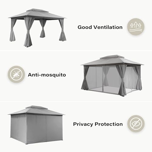 LAUSAINT HOME Gazebo 10x13ft, Heavy Duty Patio Gazebo with Expansion Bolts, Party Canopy Tent with Double Roofs, Mosquito Nettings and Privacy Screens for Backyard, Garden, Lawn, Grey - color: Gray, size: 10'x13'