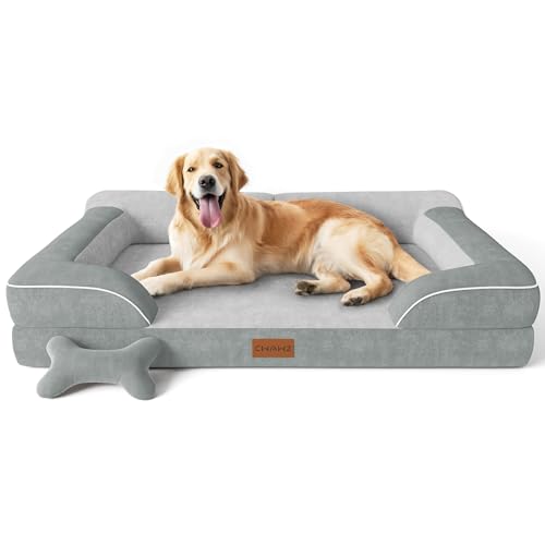 CWAWZ Extra Large Dog Bed, Orthopedic Dog Bed with Cooling Gel Memory Foam, Waterproof XL Pet Bed with Removable Washable Cover, 42" Pet Sofa Couch Dutch Velvet with Bone Toy, Light Gray - color: Light Grey, size: X-Large(42"L x 30"W x 9.5"Th)