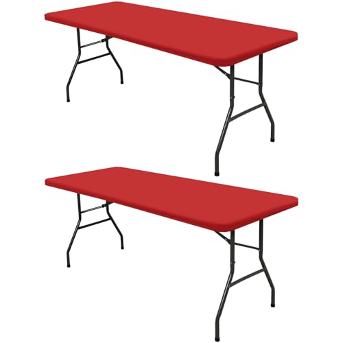 2 Pack Picnic Fitted Table Cover for 8 Foot Tablecloth for Rectangle Tables Waterproof Stretch Washable Folding Indoor and Outdoor Spandex Table Cloth for Camping Banquet and Parties (Red,30" x 96") - color: Red, size: 30"x96" (Pack of 2)