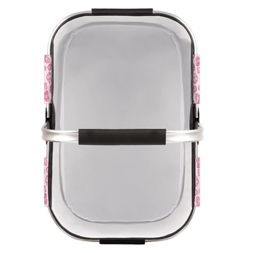 Pink Love Heart Picnic Basket Leopard Large Collapsible Market Baskets Portable Reuasble Shopping Bags with Handles for Camping Beach Travel - color: Ivory