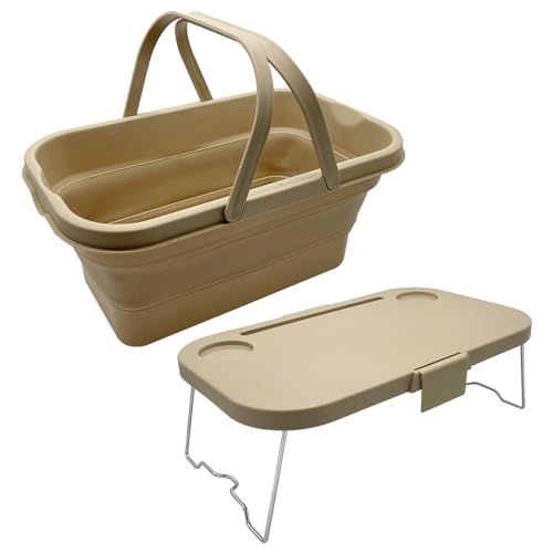 Foldable Picnic Basket Large Capacity Camping Folding Basket with Table Car Trunk Organiser Can be Used as Ice Bucket Suitable for Camping, car Storage, Home Sorting, etc. (Khaki) - color: Khaki
