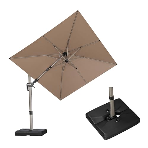 PURPLE LEAF 8' X 8' Left-right Tilting Patio Umbrella with Base Outdoor Swivel Cantilever Offset Aluminum Umbrella with Champagne Frame and 360-degree Rotation for Garden Deck Pool, Taupe - color: Taupe, size: 8' x 8'(Tilt)