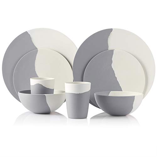 MORGIANA 8 pcs Bamboo Dinnerware Set Reusable Plates Bowls Sets, Camping Picnic Dishes Tableware Set for 2 (Grey & White) - color: Grey & White