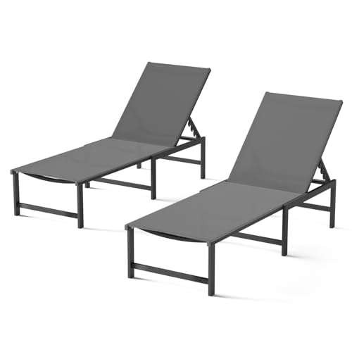 Chaise Lounge Chair Outdoor,Aluminum Patio Lounge Chairs Set of 2,Pool Lounge Chairs with 5 Adjustable Backrest for Outside Beach Lawn and Backyard Gray - color: Grey, size: 2 Chairs