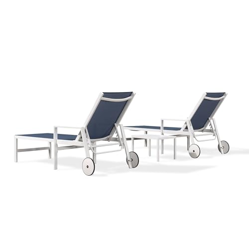 PURPLE LEAF Lounge Chair Outdoor Set 2 Pieces White Aluminum Chaise Lounge with Armrest and Wheels for Pool Deck Patio, Indigo - color: Indigo, style: Straight-leg w/ Armrest