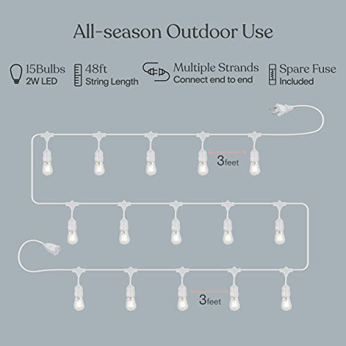 Brightech Ambience Pro Waterproof LED Outdoor String Lights, 48 Ft, Hanging, Dimmable Vintage Edison Bulbs, 15 Bulbs, 2W - style: 48 Foot - White Cable - Soft White (2700K)