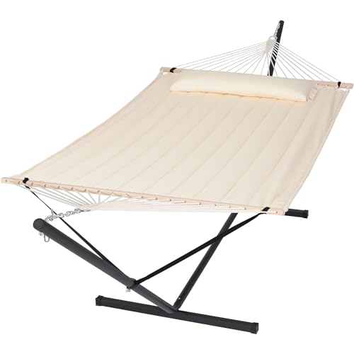 SUNCREAT Hammocks Extra Large Double Hammock with 12 ft Stand, 475lbs Capacity, Outdoor Portable Hammock with Hardwood Spreader Bar, Extra Large Pillow, Beige - color: Beige, size: 12 ft Stand