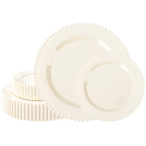 U-QE 60PCS Ivory Plastic Plates - Beaded Ivory Plates Disposable Heavy Duty - Perfect for Party, Baby Shower, Wedding, Birthday - Include 30PCS 10inch Dinner Plate & 30PCS 7inch Dessert Plate - color: Ivory