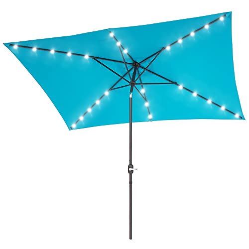 Rectangle Patio Umbrella with Solar Lights, 10 x 6.5ft Rectangular Outdoor Umbrella Table Market Patio Umbrella with Push Button Tilt and Crank for Garden, Deck, Backyard, Pool - color: Turquoise