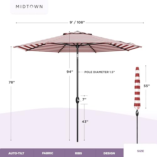MIDTOWN UMBRELLAS The Lean 9 Feet Outdoor Umbrella With Terylast Red Stripes (Red/White Stripes) Polyester Fabric - 8 Ribs Aluminum Frame Patio Umbrella With Zinc Alloy Crank Lift And Auto-Tilt System - color: Terylast Fabric - Apple Stripes, size: 9 Foot