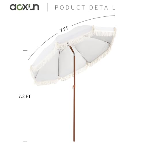 Aoxun 7ft Patio Umbrella with Fringe,Outdoor Beach Umbrella with Aluminum Pole, Ribs Push Button Tilt and Carry Bag, UV 50+ Picnic Tassel Umbrella (White) - color: Cream, size: 7.0 FT