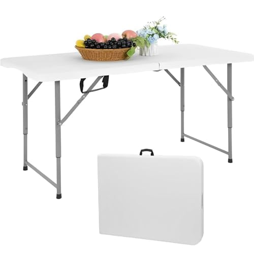 Folding Table 4 Foot Portable Heavy Duty Plastic Fold-in-Half Utility Table Small Indoor Outdoor Adjustable Height Folding with Carrying Handle, Camping and Party White - color: White, size: 4Ft
