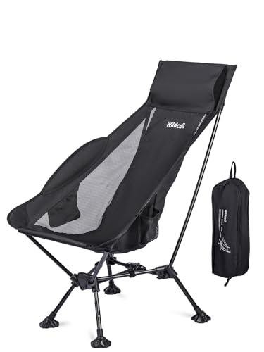 WildCall Lightweight Folding High Back Camping Chair with Head Support, Compact Beach Chair with Anti-Sinking Large Feet and Three Tilt Angles Adjustment - color: 1 X Black High Back