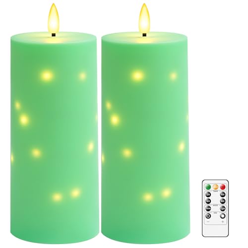 kakoya 10" x 4" Large Outdoor Waterproof Flickering Flameless Candles with Timer,2Pcs Battery Operated LED Pillar Candles with Embedded Star String for Outdoor Lanterns,Porch,Patio Decor(Green) - color: Green, size: 2PCS-D4"xH10"