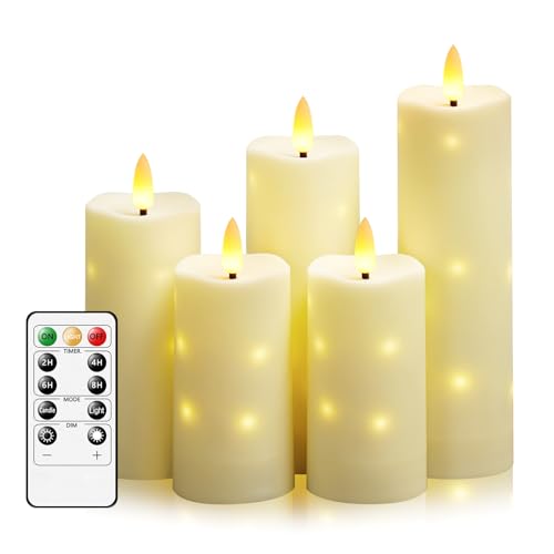 kakoya Outdoor Waterproof Flickering Flameless Candles with Timer,5Pcs Battery Operated LED Pillar Candles with Embedded Star String for Outdoor Lanterns,Porch,Patio Decor(Ivory) - color: Ivory, size: 5PCS-D2.2“xH5"5"6"7"8"