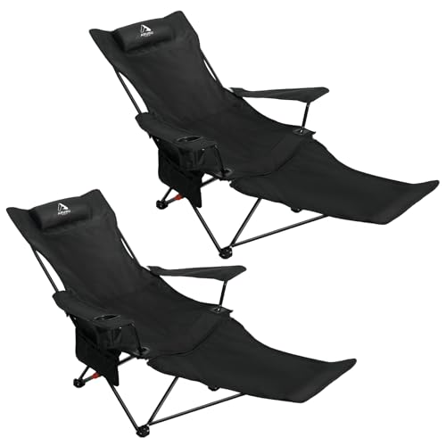2-in-1 Reclining Camping Chair, Portable Folding Beach Lounge Chair with Footrest & Adjustable Backrest, Comfortable Lawn Chair for Adults Heavy Duty with Cup Holder for Outdoor Poolside Sports - color: Black, size: 2 Pack