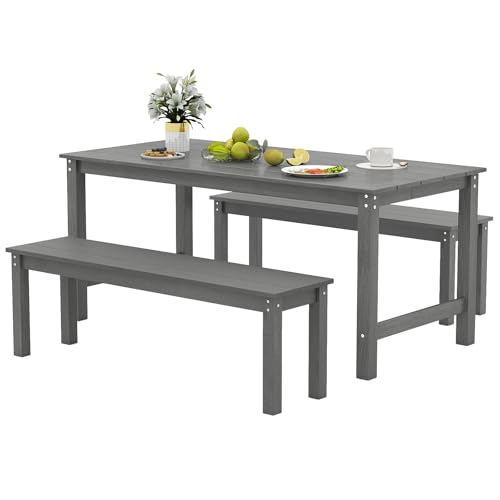 Tangkula 3 Pieces Outdoor HDPE Dining Table Set with 2 Benches, Weather Resistant Patio Furniture Set with 1.77” Umbrella Hole and Wood-Like Surface for Garden, Backyard and Poolside (Gray, 3 Pcs) - color: Grey, size: 3 Pcs