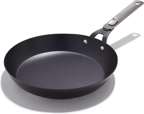 OXO Outdoor Pre-Seasoned Carbon Steel 12" Frying Pan Skillet, Detachable Handle for Easy Storage, Indoor Use, Nonstick with Use, Induction Suitable,Oven & Broiler Safe,Browning, Grill,Sear,Saute,Black - size: 12" Frying Pan Skillet Set