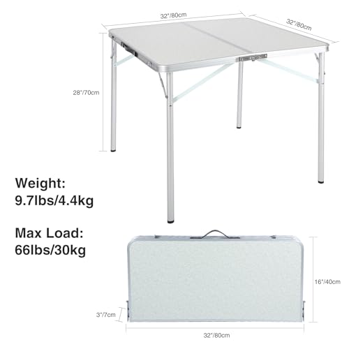 REDCAMP 32" Square Folding Camping Table with Adjustable Heights Legs, Lightweight Portable Aluminum Fold in Half Small Card Tables Bridge Tables for Outdoor Picnic, White - size: Square 2.6ft (32"x32")