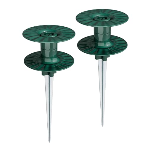 10 Inch Garden Hose Guide Spike, Rust Free Zink Sturdy Metal Stake, Heavy Duty Dark Green Spin Top, Keeps Garden Hose Out of Flower beds, for Plant Protection Greenhouse, Yard Lawn, 2PCS