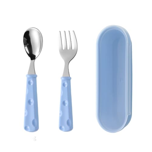 Safe Stainless Steel Utensil Set for Daughter Son Reusable Fork Spoon Set with Travel Case Easy-Grip Handles Set for Grandson Granddaughter Flatware Set for School Lunch Travel Outdoors Cutlery Kit - color: Blue