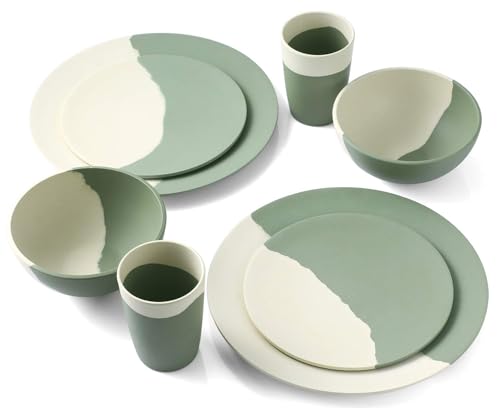 MORGIANA 8 pcs Bamboo Dinnerware Set Reusable Plates Bowls Sets, Camping Picnic Dishes Tableware Set for 2 (Green & White) - color: Green & White