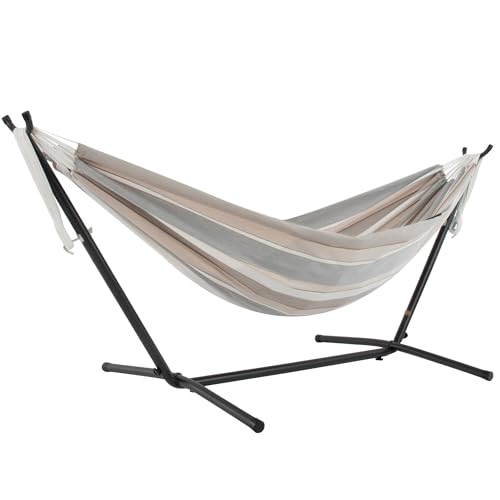 Vivere Double Sunbrella Hammock with Space-Saving Steel Stand, Heavy-Duty Portable Outdoor Hammock Set for Backyard, Patio, or Travel, Dove - color: Dove