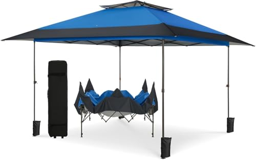 PHI VILLA 13x13 Pop Up Canopy Tent Instant Outdoor Party Canopy Easy One Person Set-up Folding Shelter with Auto Extending Eaves 169 Square Feet of Shade, Blue, Oxford Cloth with Stainless Steel Frame - color: Blue