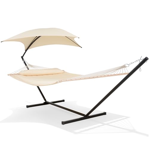 SUNCREAT Portable Outdoor Hammock with Stand, Sun-Protective Canopy, Double Hammock with Stand for Outside, Patent Pending, Beige - color: Beige