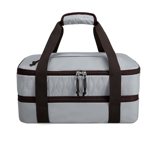 Trunab Insulated Casserole Carrier for Hot or Cold Food, Double Thermal Food Containers, Fit 9x13 Inches Baking Dish Foil Pans, For Picnic Cookouts, Potluck Parties, Beach,Beige (Grey) - color: Gray