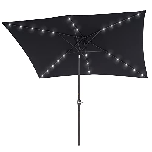Rectangle Patio Umbrella with Solar Lights, 10 x 6.5ft Rectangular Outdoor Umbrella Table Market Patio Umbrella with Push Button Tilt and Crank for Garden, Deck, Backyard, Pool - color: Black