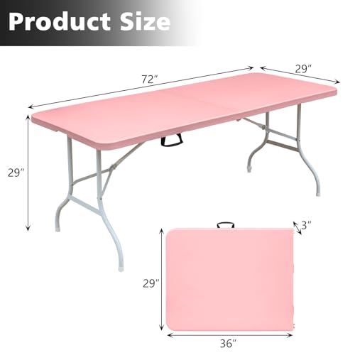 Portable 6Ft Folding Table, Heavy Duty Plastic Fold-in-Half Utility Foldable Dining Table, Multi-Purpose Plastic Folding Table with Carrying Handle for Camping and Party Indoor/Outdoor (Pink) - color: Pink, size: 6Ft
