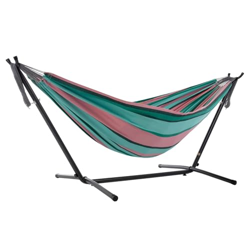 Vivere Double Cotton Hammock with Space Saving Steel Stand, Upgraded Polyester End Strings 450 lb Capacity - Premium Carry Bag Included - USA Grown Cotton (Watermelon) - color: Watermelon