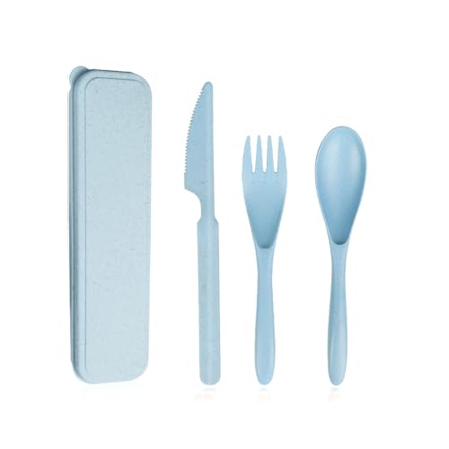 Travel Utensils Set with Case, Reusable Wheat Straw Portable Knife Fork Spoons Tableware, Eco-Friendly BPA Free Cutlery for Camping Picnic Utensils(Blue) - color: Blue