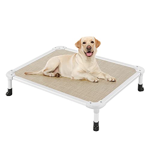 Veehoo Chew Proof Elevated Dog Bed - Cooling Raised Pet Cot - Silver Aluminum Frame and Durable Textilene Mesh Fabric, Unique Designed No-Slip Feet for Indoor or Outdoor Use, Beige Coffee, Medium - color: Beige Coffee, size: 32.0"L x 25.0"W x 7.0"Th