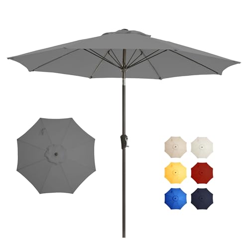 9FT Large Outdoor Patio Umbrella Pool Market Umbrella-UV Resistant, Easy Push Button Tilt and Crank, 8 Sturdy Ribs Heavy-Duty Table Umbrella for Deck, Backyard, Garden(Grey) - color: Grey, size: 9 FT