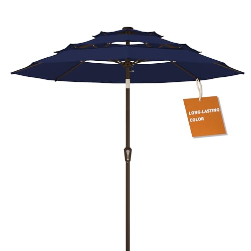 Kingdura 9ft 3-Tier Patio Umbrella, Outdoor Table Umbrella with Easy Crank & Tilt, 8 Reinforced Ribs, UV Protection for Deck, Pool, Market, Backyard (Navy blue) - color: Blue, size: 9 FT