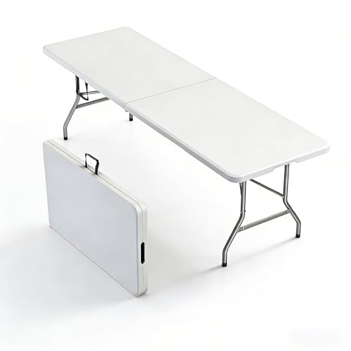 8FT Heavy Duty Folding Table,Fold-in-Half Portable Plastic Utility Table with Carry Handle&Locking Legs,Indoor Outdoor Table for Watch Party,Tailgate,BBQ,Camping,Events,Backyard Dining–White - color: White, size: 8FT