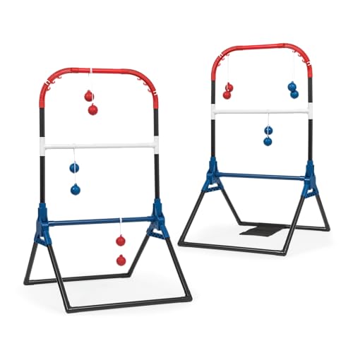 Wild Sports Folding Ladderball Set - Black/Red/Blue, 22" W x 40" H - Foldable Design for Outdoor Sports - Weather-Resistant Build for Beach Games - Wide Base & Metal Anchors for Lawn Games - color: Black/Red/Blue