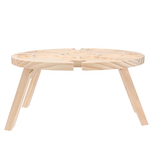 Beaupretty Portable Wooden Picnic Table with Wine Holder for Outdoor Camping and Parties, Foldable Round Wood Snack Table for Patio, Lawn, and Garden Use