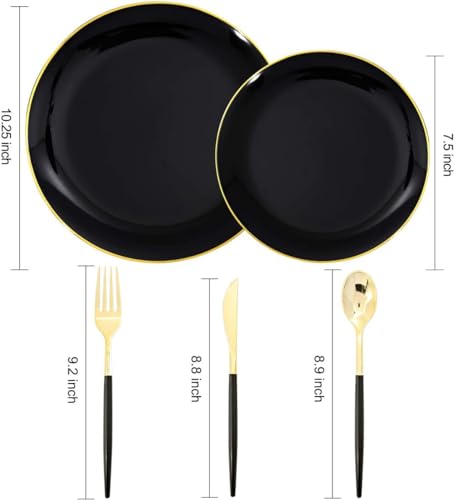 150pcs Black Plastic Plates, Black and Gold Plates,Gold Plastic Silverware,Black and Gold Dinnerware Set,Premiun Taleware,Perfect for Birthday,Party,Wedding,Anniversary - color: 150pcs Black and Gold Plastic Dinnerware Set