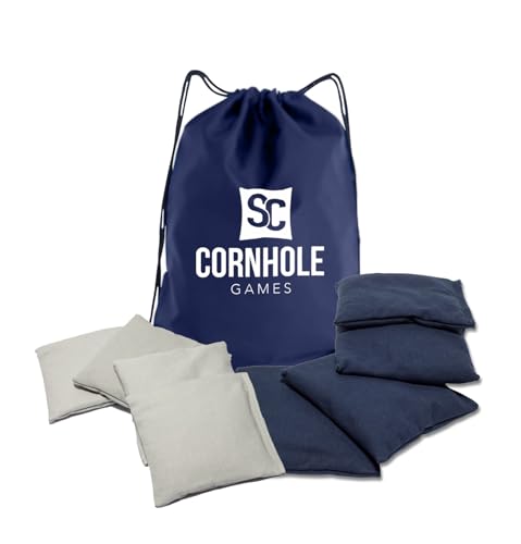 Weather Resistant Cornhole Bags (Set of 8) with Heavy Duty Tote - Professional Regulation 16oz Size & Weight - color: Navy Blue/Grey