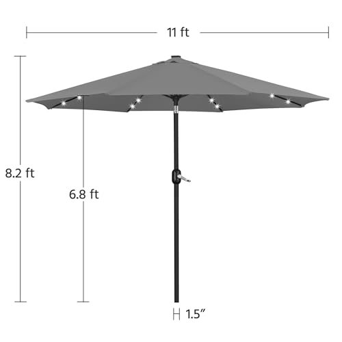 Yaheetech 11FT Solar Powered Umbrella Outdoor Patio Umbrella with 32 LED Lights and 8 Ribs - UV Protection Table Sunshade for Pool, Deck, Yard, Gray - color: Gray, size: 11FT