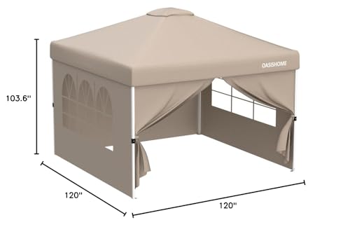 OASISHOME Pop-up Gazebo Instant Portable Canopy Tent 10'x10', with 4 Sidewalls, Windows, Wheeled Bag, for Patio/Outdoor/Wedding Parties and Events (10FTx10FT, Khaki) - color: Khaki