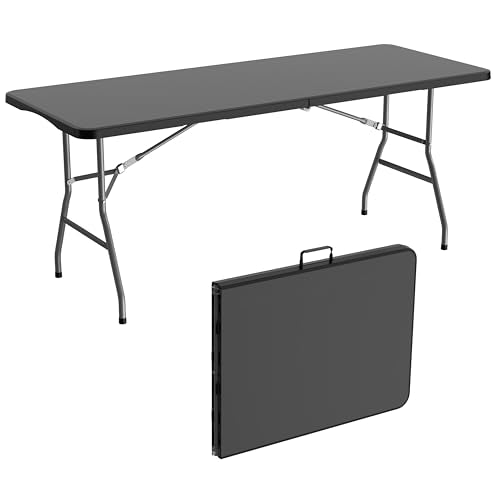Allpop 6Ft Folding Table for Indoor Outdoor, Fold-in-Half Portable Plastic Dining Table with Carrying Handle for Picnic Party Camping, Black - color: Black, size: 6 Ft